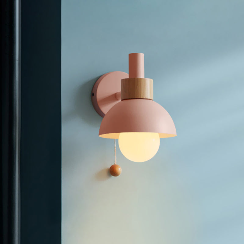 Macaron Domed Sconce Light Fixture 1 Bulb Wall Light Fixture with Metal Shade and Pull Chain in White/Pink/Green Clearhalo 'Cast Iron' 'Glass' 'Industrial' 'Modern wall lights' 'Modern' 'Tiffany' 'Traditional wall lights' 'Wall Lamps & Sconces' 'Wall Lights' Lighting' 460794