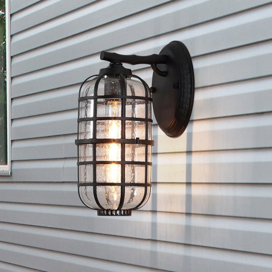 Caged Seedy Glass Wall Mounted Lamp Industrial Single Bulb Outdoor Sconce Light in Black/Bronze, 5.5"/6"/8" Wide Clearhalo 'Art deco wall lights' 'Cast Iron' 'Glass' 'Industrial wall lights' 'Industrial' 'Middle century wall lights' 'Modern' 'Rustic wall lights' 'Tiffany' 'Traditional wall lights' 'Wall Lamps & Sconces' 'Wall Lights' Lighting' 460799