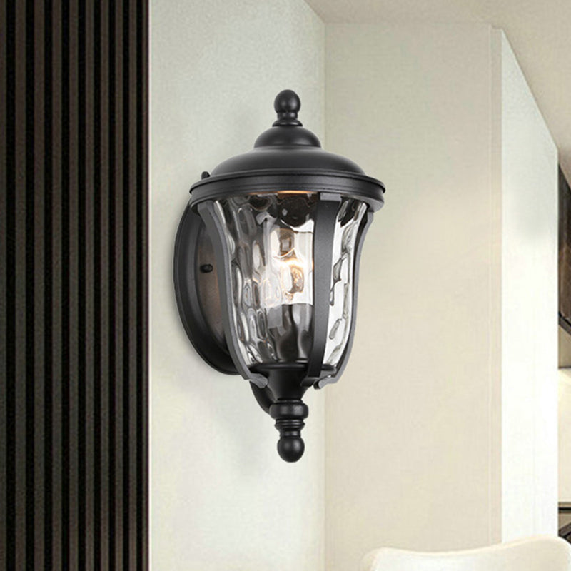 Urn Dimpled Glass Wall Mounted Lamp Industrial Single Bulb Outdoor Sconce Light in Black, 8"/10"/11" W Clearhalo 'Art deco wall lights' 'Cast Iron' 'Glass' 'Industrial wall lights' 'Industrial' 'Middle century wall lights' 'Modern' 'Rustic wall lights' 'Tiffany' 'Traditional wall lights' 'Wall Lamps & Sconces' 'Wall Lights' Lighting' 460800
