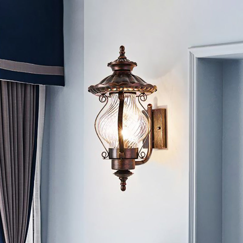 1 Light Pressed Ribbed Glass Wall Sconce Light Industrial Black Lantern Bedroom Lighting Fixture in Weathered Copper Clearhalo 'Art deco wall lights' 'Cast Iron' 'Glass' 'Industrial wall lights' 'Industrial' 'Middle century wall lights' 'Modern' 'Rustic wall lights' 'Tiffany' 'Traditional wall lights' 'Wall Lamps & Sconces' 'Wall Lights' Lighting' 460802