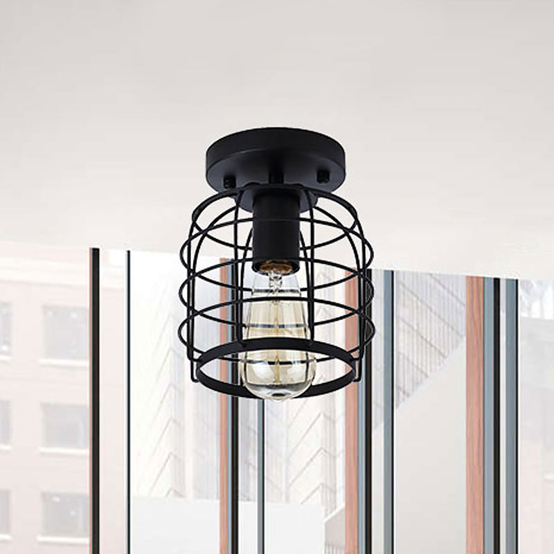 One Head Ceiling Lighting Vintage Cylindrical Cage Metal , Black for Corridor Clearhalo 'Ceiling Lights' 'Close To Ceiling Lights' 'Close to ceiling' 'Hogar' 'Iluminación' 'Lámparas de Techo' 'Plafones' 'Semi-flushmount' Lighting' 464823