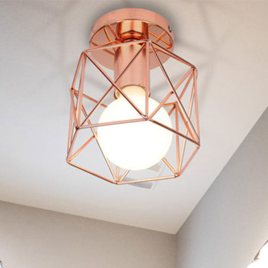 1 Bulb Ceiling Fixture with Geometric Cage Shade Iron Loft Style Bedroom Semi Flush Mount Light in Copper Clearhalo 'Ceiling Lights' 'Close To Ceiling Lights' 'Close to ceiling' 'Semi-flushmount' Lighting' 464830
