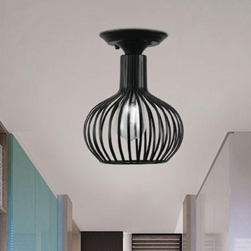 Retro Loft Globe/Pear Cage Ceiling Fixture 1 Light Metallic Semi-Flush Mount Light in Black for Hallway Clearhalo 'Ceiling Lights' 'Close To Ceiling Lights' 'Close to ceiling' 'Semi-flushmount' Lighting' 464840