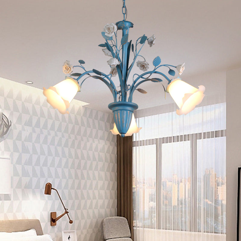 Curving Arm Opal Glass Chandelier Pastoral 3/5/6 Bulbs Living Room Flower Pendant Lighting Fixture in Blue Clearhalo 'Ceiling Lights' 'Chandeliers' Lighting' options 464895