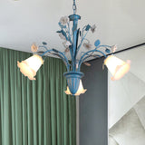 Curving Arm Opal Glass Chandelier Pastoral 3/5/6 Bulbs Living Room Flower Pendant Lighting Fixture in Blue Clearhalo 'Ceiling Lights' 'Chandeliers' Lighting' options 464896
