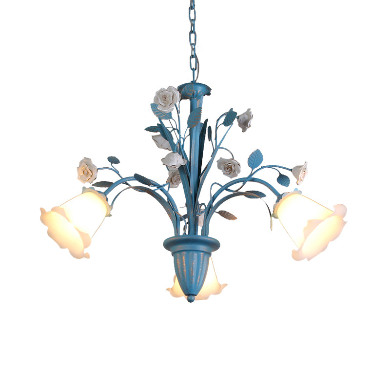 Curving Arm Opal Glass Chandelier Pastoral 3/5/6 Bulbs Living Room Flower Pendant Lighting Fixture in Blue Clearhalo 'Ceiling Lights' 'Chandeliers' Lighting' options 464897