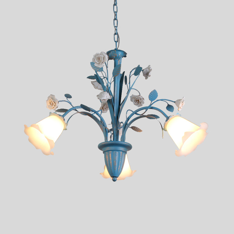 Curving Arm Opal Glass Chandelier Pastoral 3/5/6 Bulbs Living Room Flower Pendant Lighting Fixture in Blue Clearhalo 'Ceiling Lights' 'Chandeliers' Lighting' options 464898