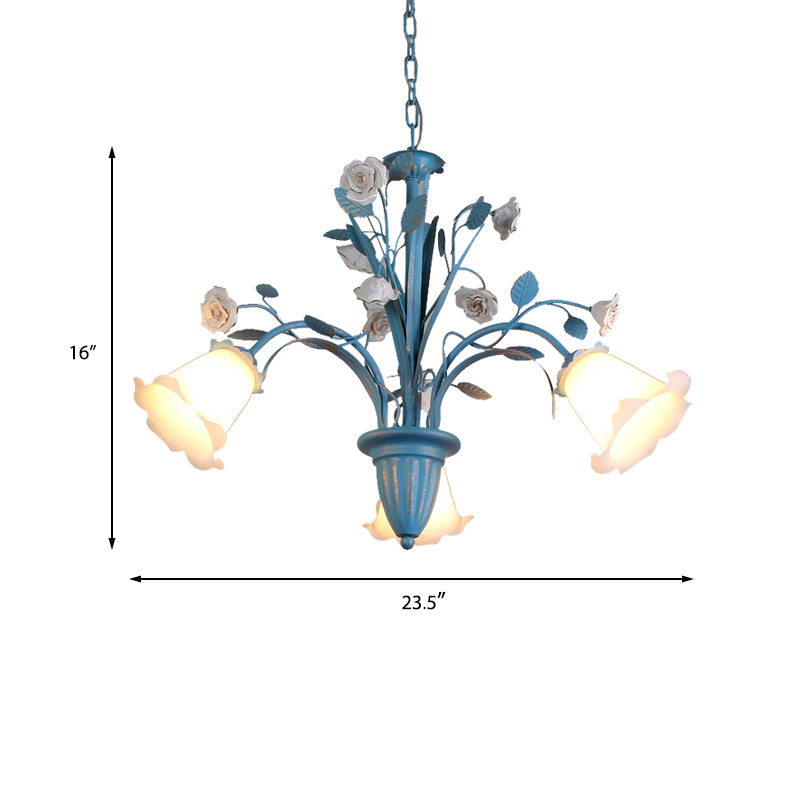 Curving Arm Opal Glass Chandelier Pastoral 3/5/6 Bulbs Living Room Flower Pendant Lighting Fixture in Blue Clearhalo 'Ceiling Lights' 'Chandeliers' Lighting' options 464899