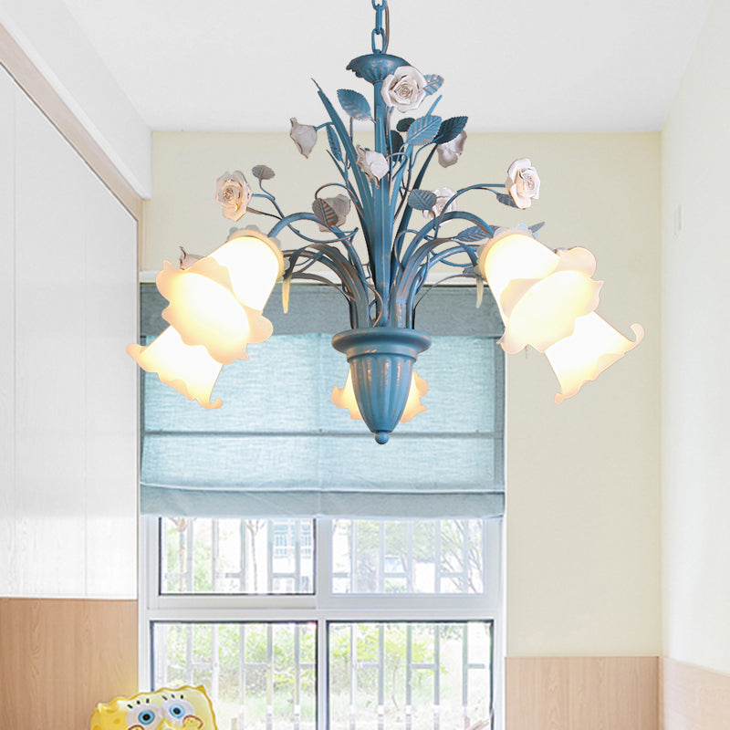 Curving Arm Opal Glass Chandelier Pastoral 3/5/6 Bulbs Living Room Flower Pendant Lighting Fixture in Blue Clearhalo 'Ceiling Lights' 'Chandeliers' Lighting' options 464901
