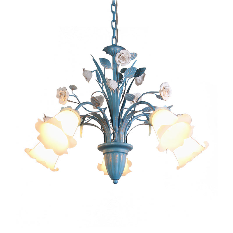 Curving Arm Opal Glass Chandelier Pastoral 3/5/6 Bulbs Living Room Flower Pendant Lighting Fixture in Blue Clearhalo 'Ceiling Lights' 'Chandeliers' Lighting' options 464902