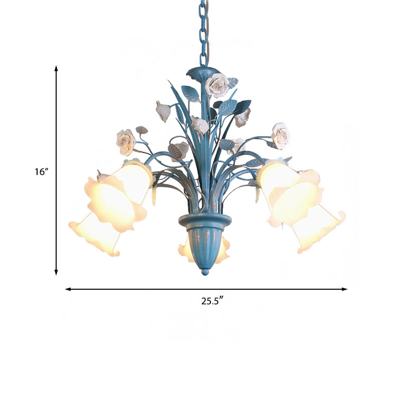 Curving Arm Opal Glass Chandelier Pastoral 3/5/6 Bulbs Living Room Flower Pendant Lighting Fixture in Blue Clearhalo 'Ceiling Lights' 'Chandeliers' Lighting' options 464903