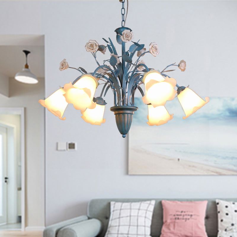 Curving Arm Opal Glass Chandelier Pastoral 3/5/6 Bulbs Living Room Flower Pendant Lighting Fixture in Blue Clearhalo 'Ceiling Lights' 'Chandeliers' Lighting' options 464905