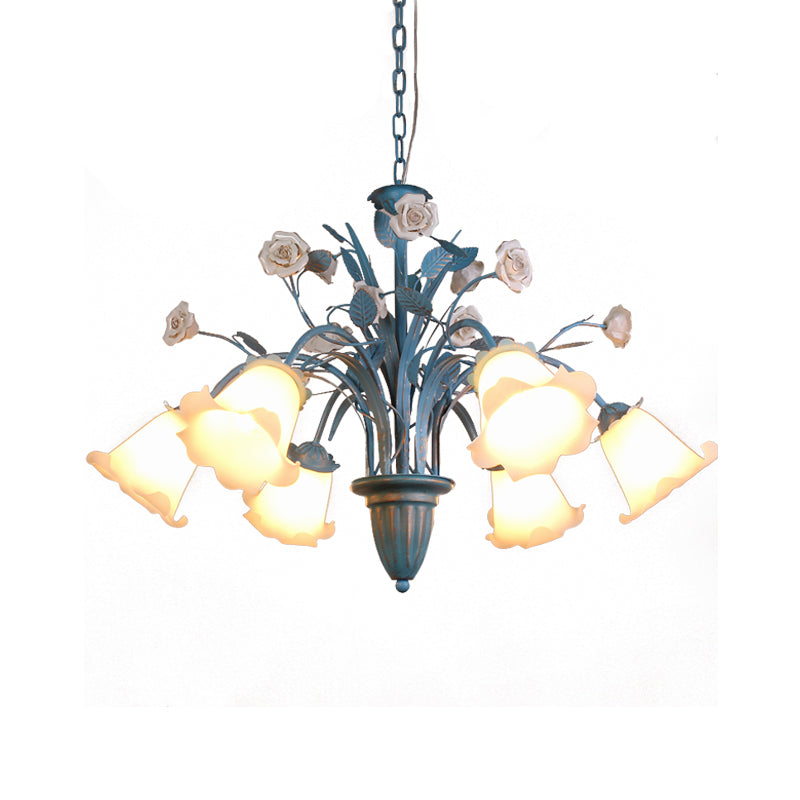 Curving Arm Opal Glass Chandelier Pastoral 3/5/6 Bulbs Living Room Flower Pendant Lighting Fixture in Blue Clearhalo 'Ceiling Lights' 'Chandeliers' Lighting' options 464906