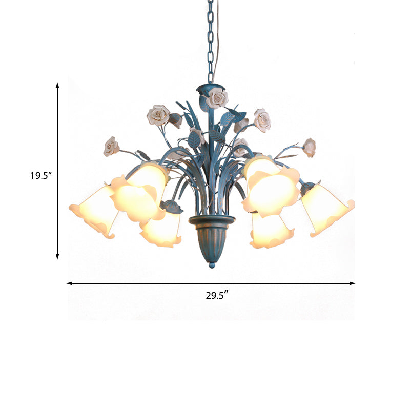 Curving Arm Opal Glass Chandelier Pastoral 3/5/6 Bulbs Living Room Flower Pendant Lighting Fixture in Blue Clearhalo 'Ceiling Lights' 'Chandeliers' Lighting' options 464907