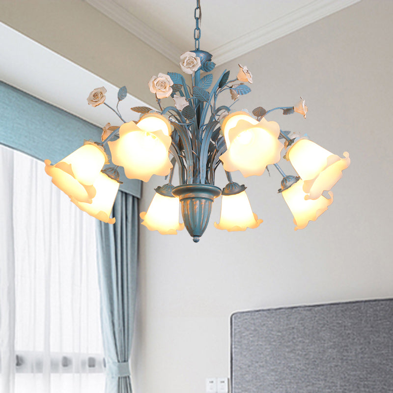 Curving Arm Opal Glass Chandelier Pastoral 3/5/6 Bulbs Living Room Flower Pendant Lighting Fixture in Blue Clearhalo 'Ceiling Lights' 'Chandeliers' Lighting' options 464909