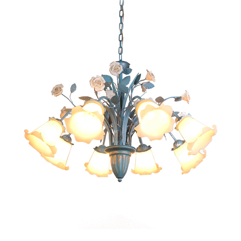 Curving Arm Opal Glass Chandelier Pastoral 3/5/6 Bulbs Living Room Flower Pendant Lighting Fixture in Blue Clearhalo 'Ceiling Lights' 'Chandeliers' Lighting' options 464910
