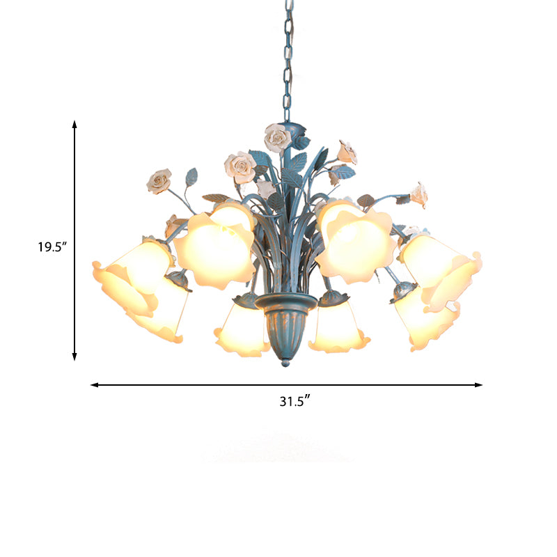 Curving Arm Opal Glass Chandelier Pastoral 3/5/6 Bulbs Living Room Flower Pendant Lighting Fixture in Blue Clearhalo 'Ceiling Lights' 'Chandeliers' Lighting' options 464911