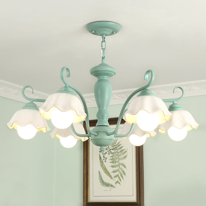 Frosted Glass Scalloped Chandelier Light Traditional 3/6/8 Lights Bedroom Ceiling Pendant in White/Pink/Green 6 Green Clearhalo 'Ceiling Lights' 'Chandeliers' Lighting' options 464925_c409703f-a111-40e2-aa62-928e2546c5e5