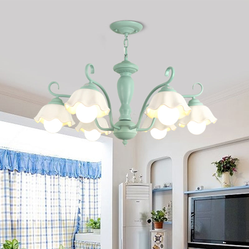 Frosted Glass Scalloped Chandelier Light Traditional 3/6/8 Lights Bedroom Ceiling Pendant in White/Pink/Green Clearhalo 'Ceiling Lights' 'Chandeliers' Lighting' options 464926