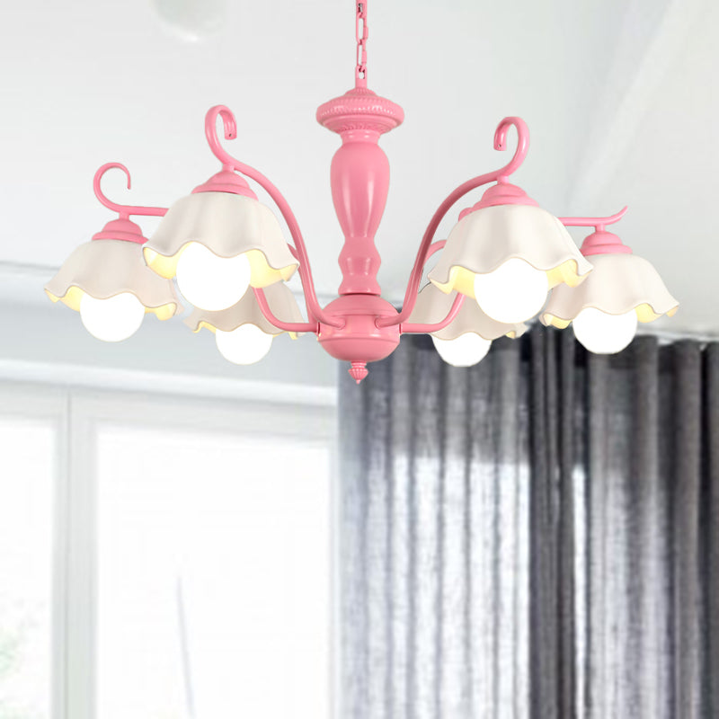 Frosted Glass Scalloped Chandelier Light Traditional 3/6/8 Lights Bedroom Ceiling Pendant in White/Pink/Green Clearhalo 'Ceiling Lights' 'Chandeliers' Lighting' options 464932