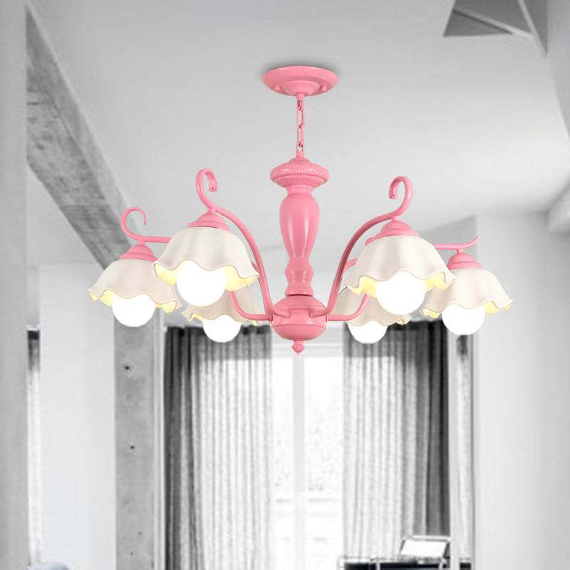 Frosted Glass Scalloped Chandelier Light Traditional 3/6/8 Lights Bedroom Ceiling Pendant in White/Pink/Green Clearhalo 'Ceiling Lights' 'Chandeliers' Lighting' options 464933