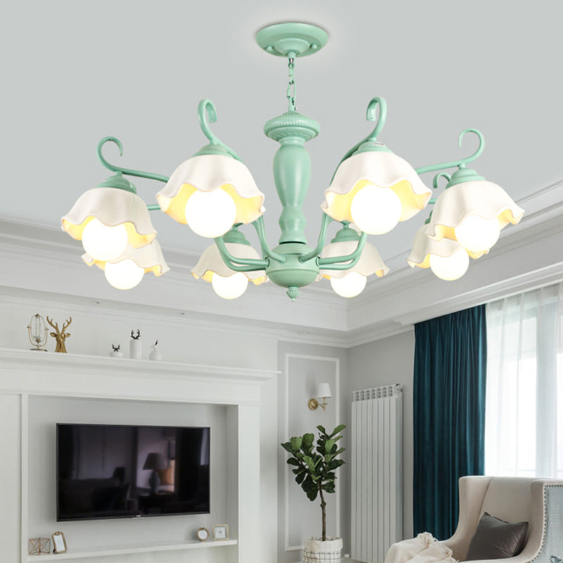 Frosted Glass Scalloped Chandelier Light Traditional 3/6/8 Lights Bedroom Ceiling Pendant in White/Pink/Green Clearhalo 'Ceiling Lights' 'Chandeliers' Lighting' options 464935
