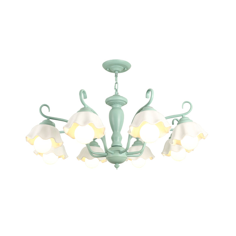 Frosted Glass Scalloped Chandelier Light Traditional 3/6/8 Lights Bedroom Ceiling Pendant in White/Pink/Green Clearhalo 'Ceiling Lights' 'Chandeliers' Lighting' options 464937