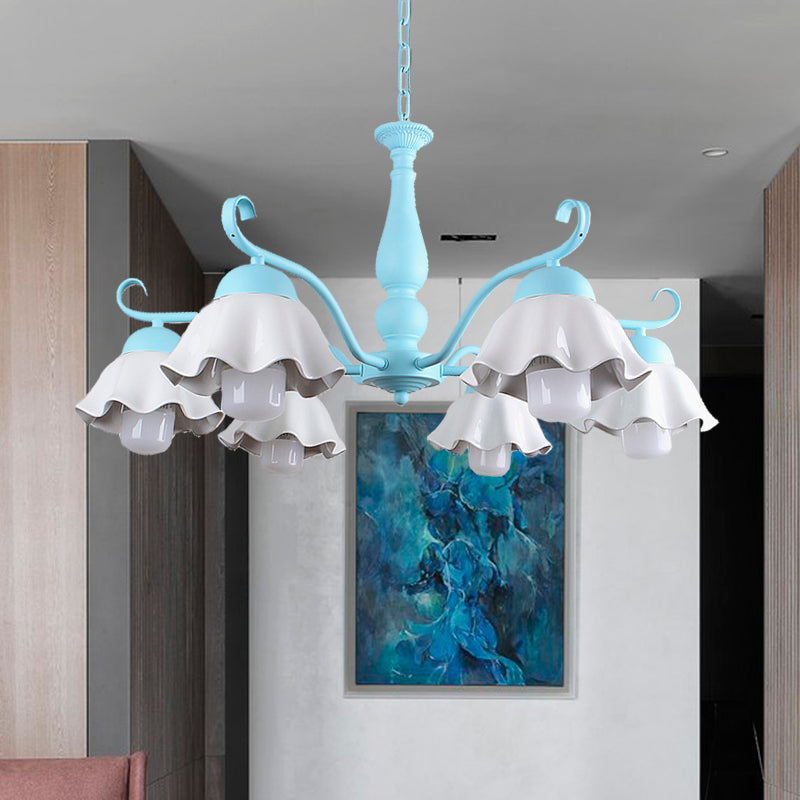 Metal Black/White/Blue Chandelier Lighting Scalloped 6 Heads Country Style Hanging Light Fixture for Bedroom Clearhalo 'Ceiling Lights' 'Chandeliers' Lighting' options 464948