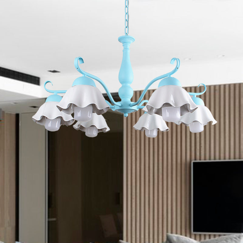 Metal Black/White/Blue Chandelier Lighting Scalloped 6 Heads Country Style Hanging Light Fixture for Bedroom Clearhalo 'Ceiling Lights' 'Chandeliers' Lighting' options 464949
