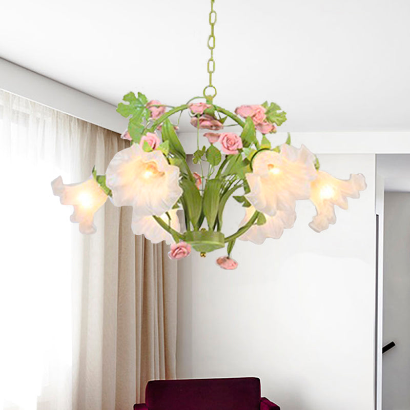 Metal Green Chandelier Lighting Circular 3/6 Heads Country Style Rose Hanging Light Fixture for Dining Room Clearhalo 'Ceiling Lights' 'Chandeliers' Lighting' options 464953