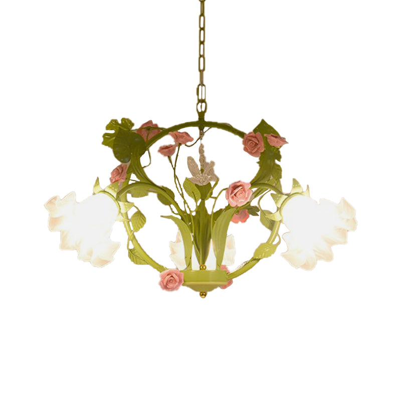 Metal Green Chandelier Lighting Circular 3/6 Heads Country Style Rose Hanging Light Fixture for Dining Room Clearhalo 'Ceiling Lights' 'Chandeliers' Lighting' options 464958