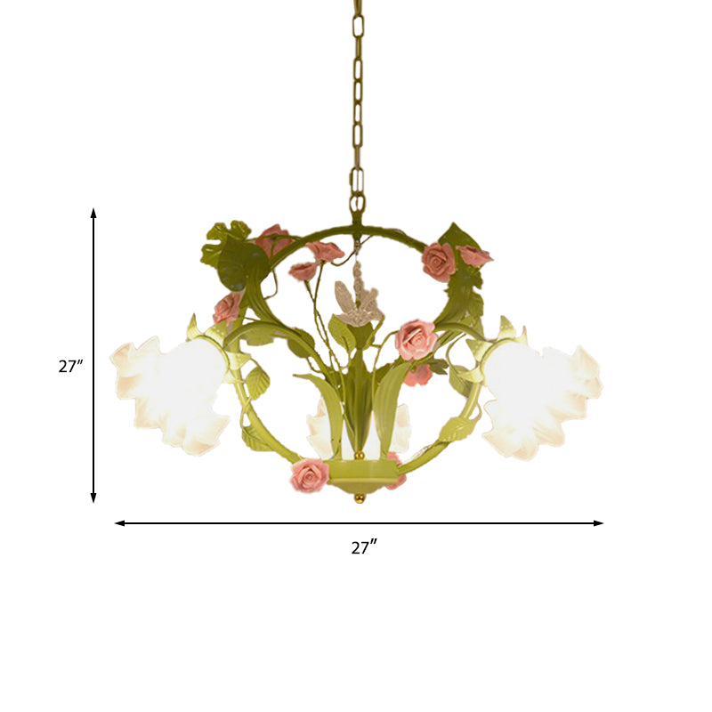 Metal Green Chandelier Lighting Circular 3/6 Heads Country Style Rose Hanging Light Fixture for Dining Room Clearhalo 'Ceiling Lights' 'Chandeliers' Lighting' options 464959
