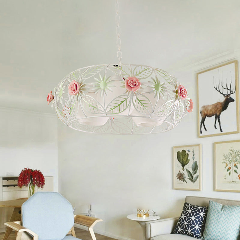 Round Metal Pendant Chandelier Pastoral 3 Heads Living Room LED Suspension Lighting with Rose in White Clearhalo 'Ceiling Lights' 'Chandeliers' Lighting' options 464988