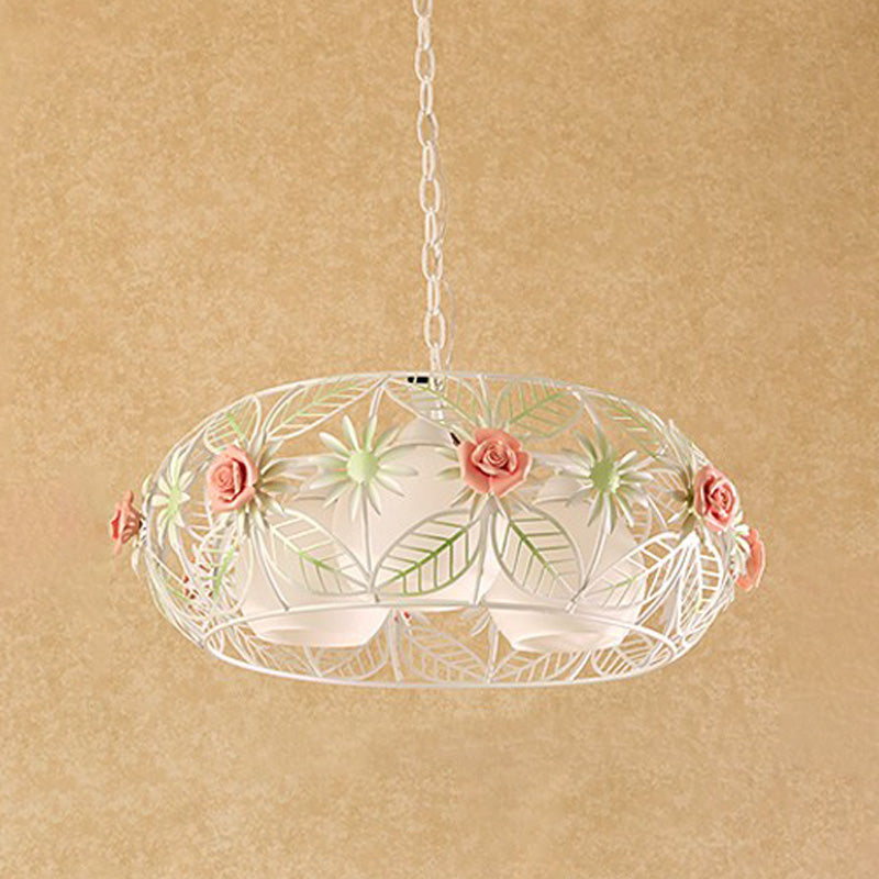 Round Metal Pendant Chandelier Pastoral 3 Heads Living Room LED Suspension Lighting with Rose in White Clearhalo 'Ceiling Lights' 'Chandeliers' Lighting' options 464989