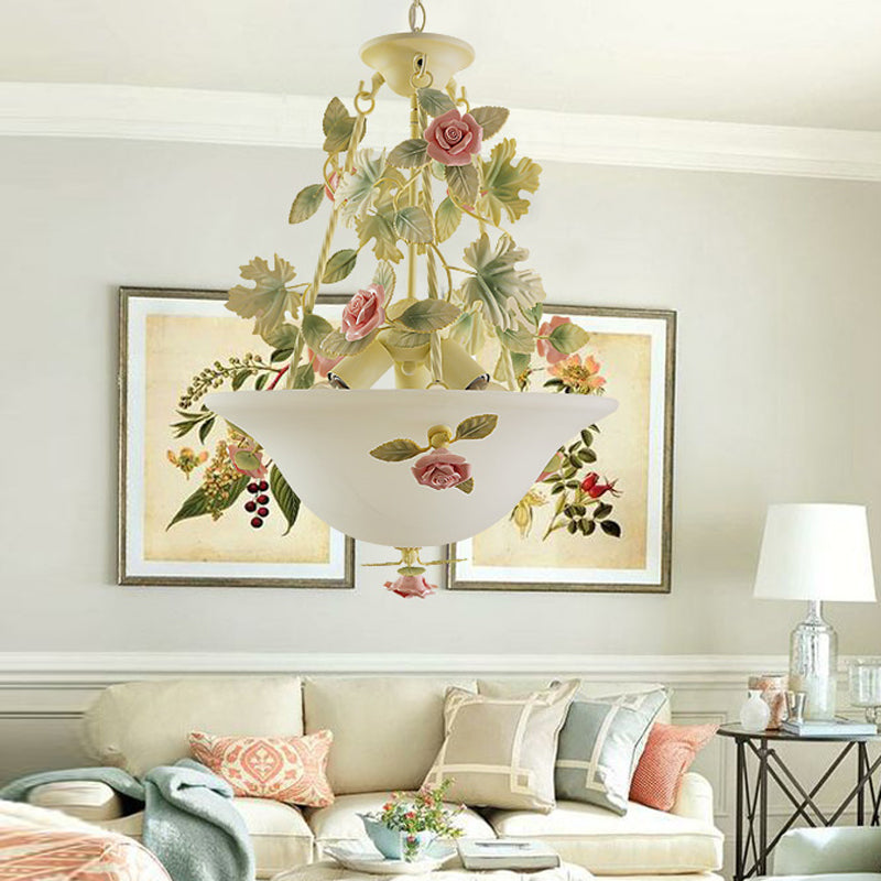 Pastoral Bowl Hanging Chandelier 3 Bulbs White Glass LED Flower Ceiling Light for Living Room White Clearhalo 'Ceiling Lights' 'Chandeliers' 'Glass shade' 'Glass' Lighting' 465001