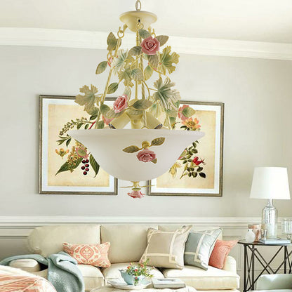 Pastoral Bowl Hanging Chandelier 3 Bulbs White Glass LED Flower Ceiling Light for Living Room White Clearhalo 'Ceiling Lights' 'Chandeliers' 'Glass shade' 'Glass' Lighting' 465001