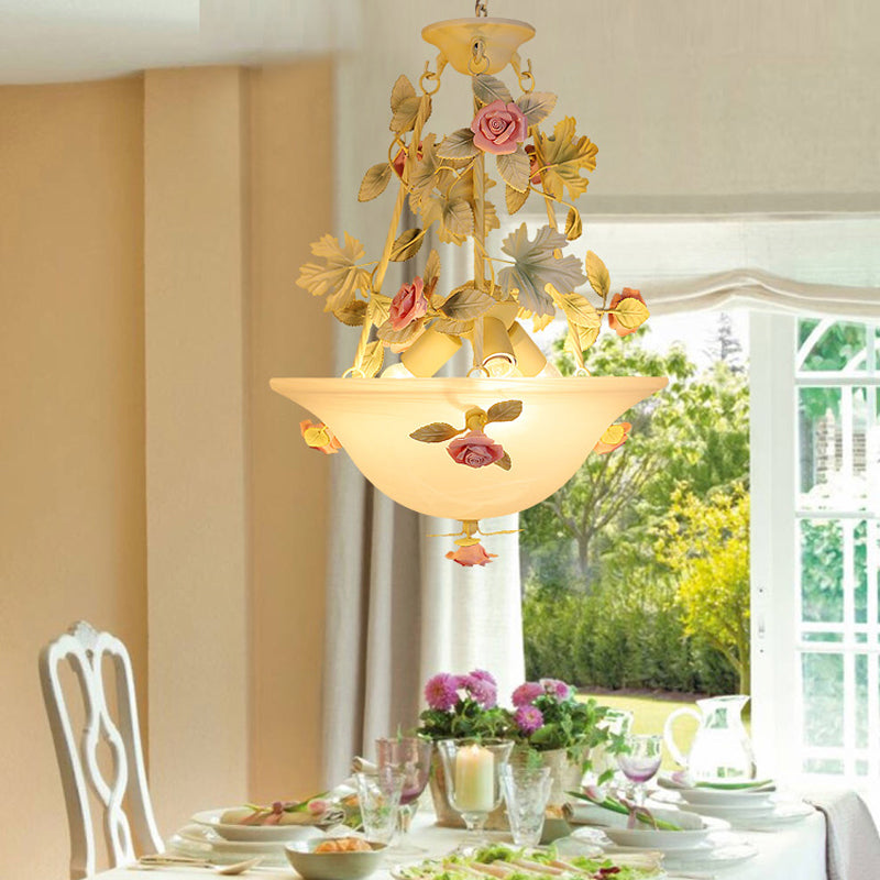 Pastoral Bowl Hanging Chandelier 3 Bulbs White Glass LED Flower Ceiling Light for Living Room Clearhalo 'Ceiling Lights' 'Chandeliers' 'Glass shade' 'Glass' Lighting' 465002