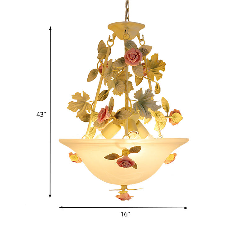 Pastoral Bowl Hanging Chandelier 3 Bulbs White Glass LED Flower Ceiling Light for Living Room Clearhalo 'Ceiling Lights' 'Chandeliers' 'Glass shade' 'Glass' Lighting' 465005