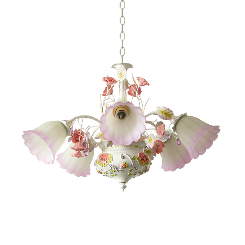 Purple and White Glass Flower Ceiling Chandelier Korean Garden 5 Bulbs Living Room LED Hanging Pendant Clearhalo 'Ceiling Lights' 'Chandeliers' 'Glass shade' 'Glass' Lighting' 465013