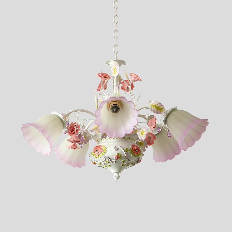 Purple and White Glass Flower Ceiling Chandelier Korean Garden 5 Bulbs Living Room LED Hanging Pendant Clearhalo 'Ceiling Lights' 'Chandeliers' 'Glass shade' 'Glass' Lighting' 465014