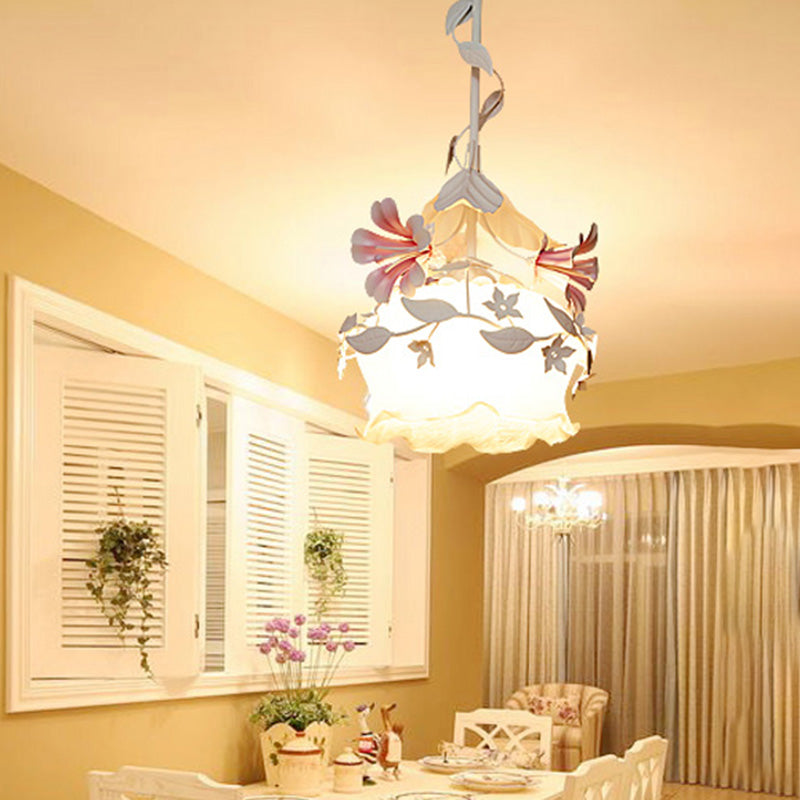 Pink Scalloped Chandelier Pendant Light Pastoral White Glass 1/3 Heads Bedroom LED Ceiling Lamp 1 White Clearhalo 'Ceiling Lights' 'Chandeliers' 'Glass shade' 'Glass' Lighting' 465043