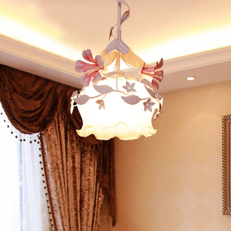 Pink Scalloped Chandelier Pendant Light Pastoral White Glass 1/3 Heads Bedroom LED Ceiling Lamp Clearhalo 'Ceiling Lights' 'Chandeliers' 'Glass shade' 'Glass' Lighting' 465044