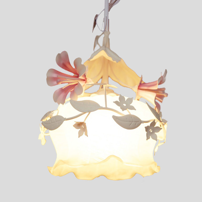 Pink Scalloped Chandelier Pendant Light Pastoral White Glass 1/3 Heads Bedroom LED Ceiling Lamp Clearhalo 'Ceiling Lights' 'Chandeliers' 'Glass shade' 'Glass' Lighting' 465046