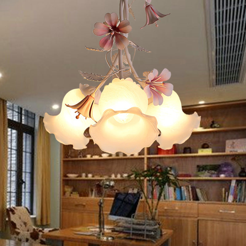 Pink Scalloped Chandelier Pendant Light Pastoral White Glass 1/3 Heads Bedroom LED Ceiling Lamp 3 White Clearhalo 'Ceiling Lights' 'Chandeliers' 'Glass shade' 'Glass' Lighting' 465048