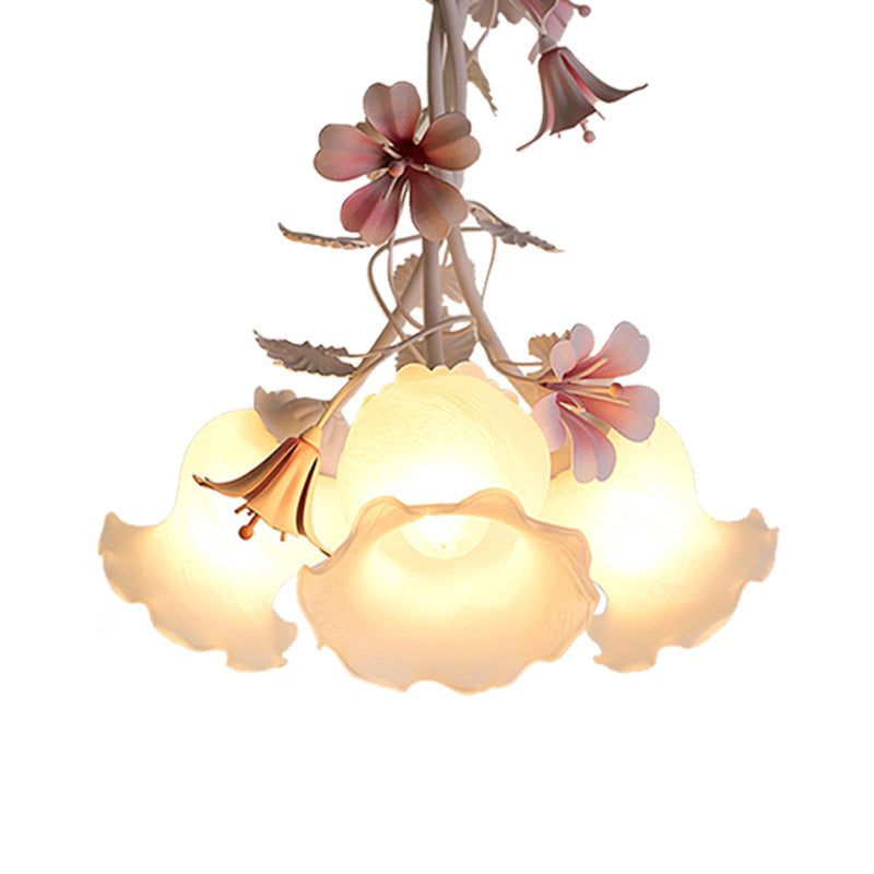 Pink Scalloped Chandelier Pendant Light Pastoral White Glass 1/3 Heads Bedroom LED Ceiling Lamp Clearhalo 'Ceiling Lights' 'Chandeliers' 'Glass shade' 'Glass' Lighting' 465050
