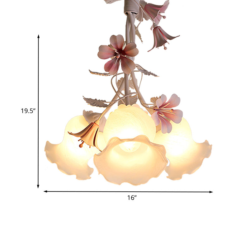 Pink Scalloped Chandelier Pendant Light Pastoral White Glass 1/3 Heads Bedroom LED Ceiling Lamp Clearhalo 'Ceiling Lights' 'Chandeliers' 'Glass shade' 'Glass' Lighting' 465051