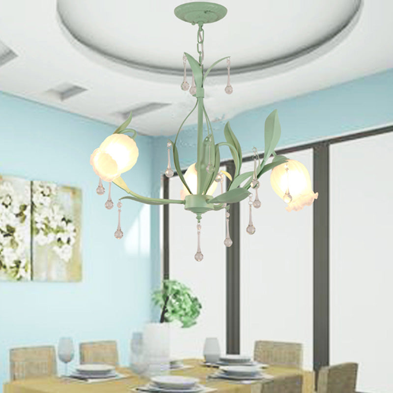 Korean Garden Floral Chandelier Light 3/6/8 Bulbs Opaline Glass LED Pendant Lighting in Pink/Green for Living Room 3 Green Clearhalo 'Ceiling Lights' 'Chandeliers' 'Glass shade' 'Glass' Lighting' 465160