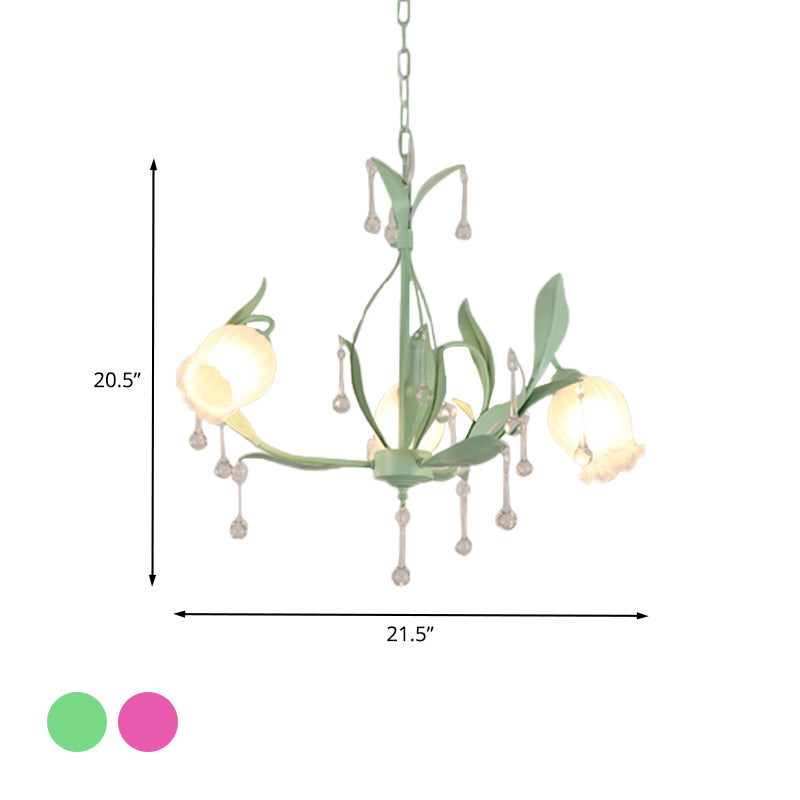 Korean Garden Floral Chandelier Light 3/6/8 Bulbs Opaline Glass LED Pendant Lighting in Pink/Green for Living Room Clearhalo 'Ceiling Lights' 'Chandeliers' 'Glass shade' 'Glass' Lighting' 465164