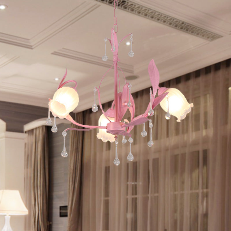 Korean Garden Floral Chandelier Light 3/6/8 Bulbs Opaline Glass LED Pendant Lighting in Pink/Green for Living Room Clearhalo 'Ceiling Lights' 'Chandeliers' 'Glass shade' 'Glass' Lighting' 465166
