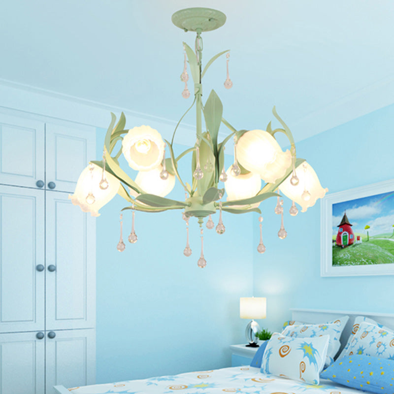 Korean Garden Floral Chandelier Light 3/6/8 Bulbs Opaline Glass LED Pendant Lighting in Pink/Green for Living Room Clearhalo 'Ceiling Lights' 'Chandeliers' 'Glass shade' 'Glass' Lighting' 465169